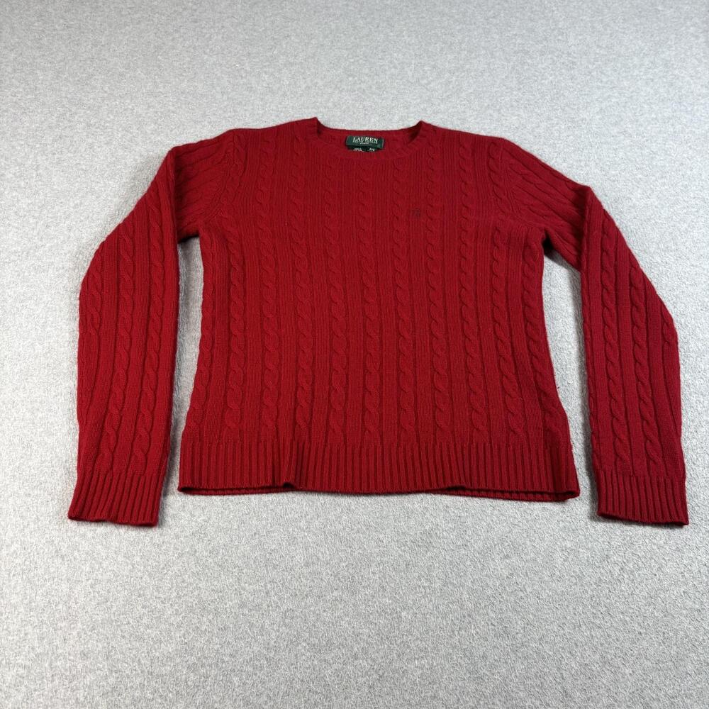 Lauren Ralph Cashmere Sweater Women Small Petite Red Cable Knit Logo Heritage